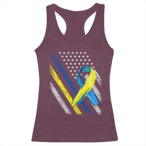 World Down Syndrome Day Racerback Tank Top Blue Yellow Ribbon American Flag T21 321 TS10 Maroon Print Your Wear