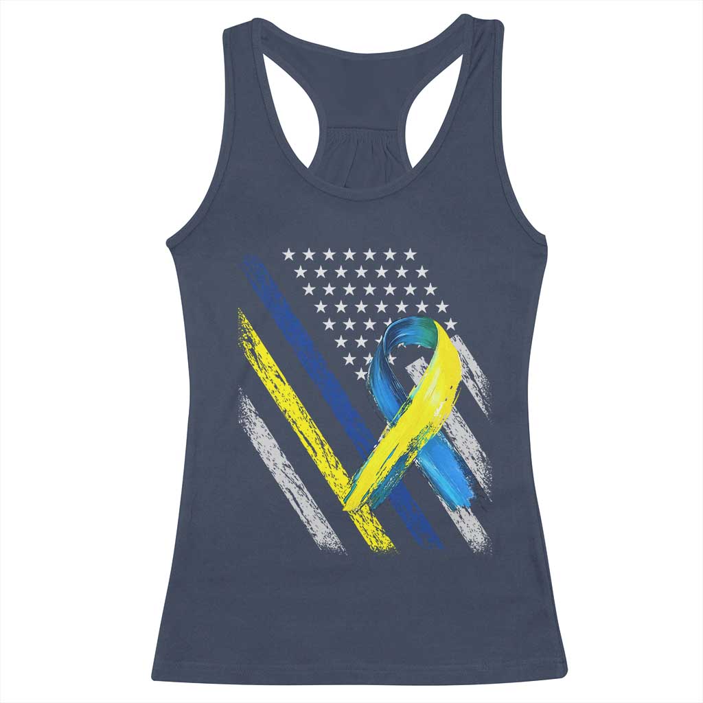 World Down Syndrome Day Racerback Tank Top Blue Yellow Ribbon American Flag T21 321 TS10 Navy Print Your Wear