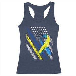 World Down Syndrome Day Racerback Tank Top Blue Yellow Ribbon American Flag T21 321 TS10 Navy Print Your Wear