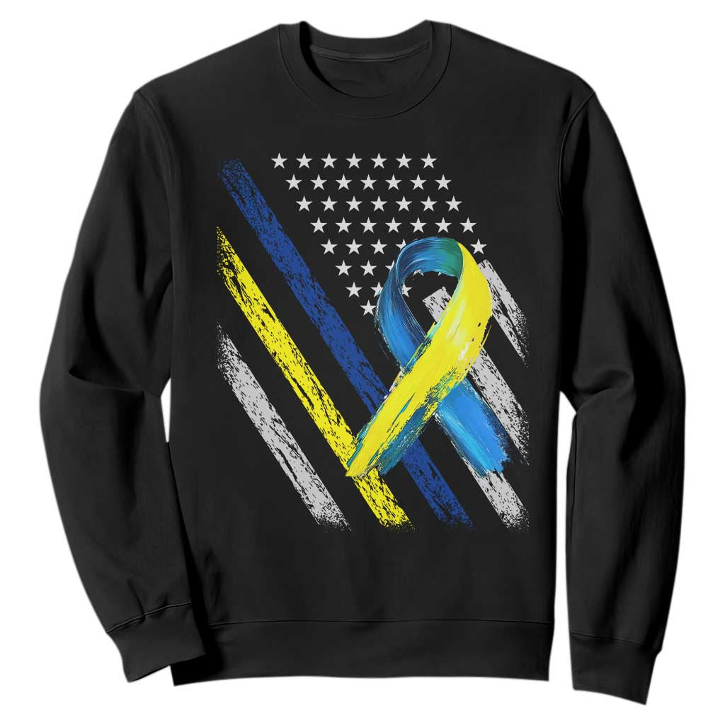 World Down Syndrome Day Sweatshirt Blue Yellow Ribbon American Flag T21 321 TS10 Black Print Your Wear