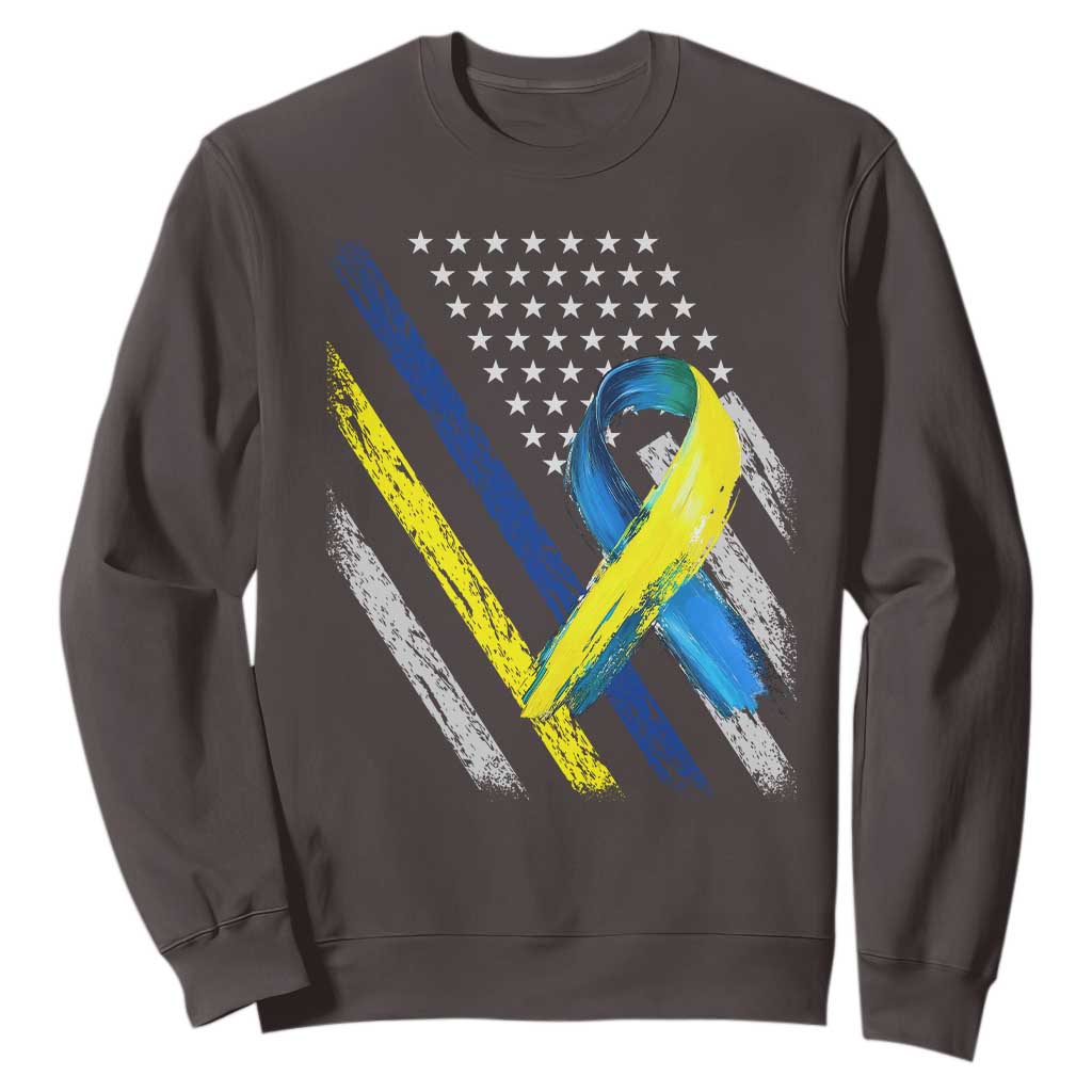 World Down Syndrome Day Sweatshirt Blue Yellow Ribbon American Flag T21 321 TS10 Dark Chocolate Print Your Wear