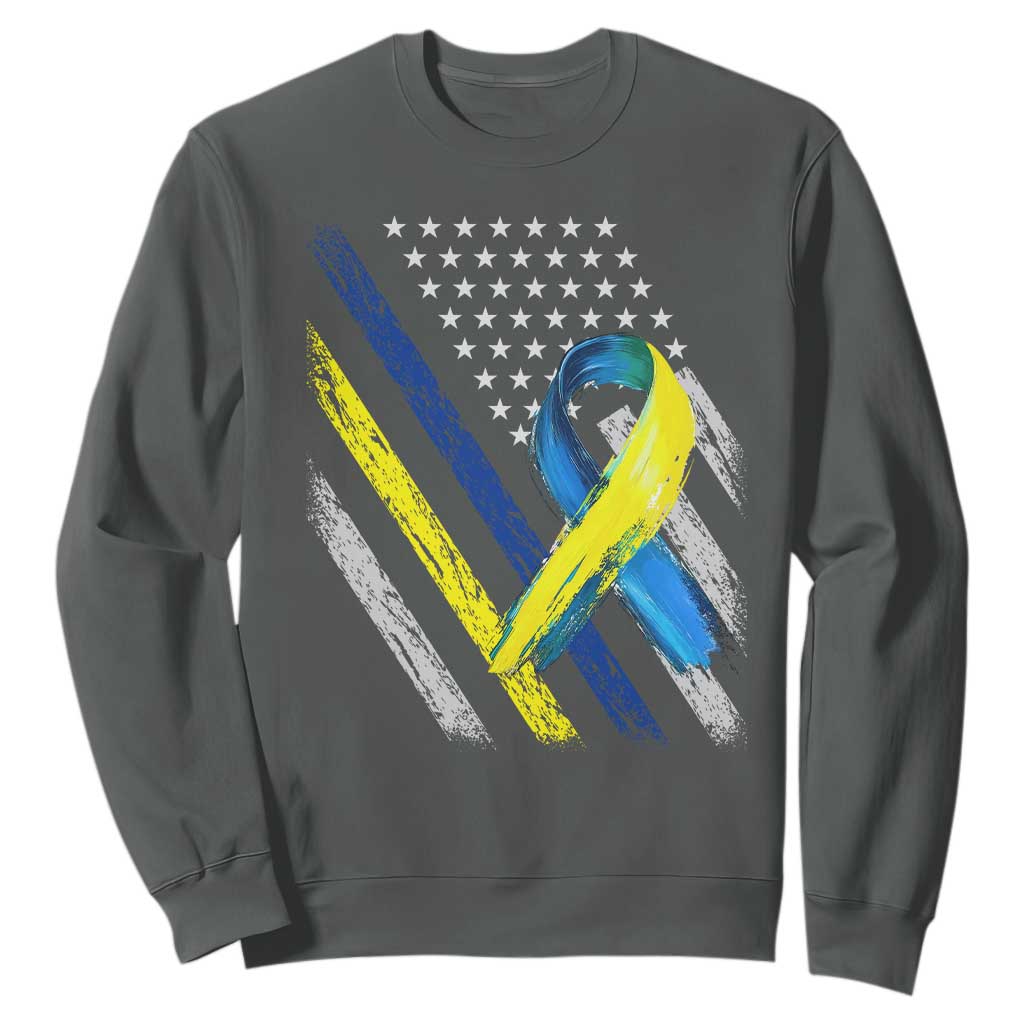 World Down Syndrome Day Sweatshirt Blue Yellow Ribbon American Flag T21 321 TS10 Dark Heather Print Your Wear