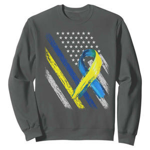 World Down Syndrome Day Sweatshirt Blue Yellow Ribbon American Flag T21 321 TS10 Dark Heather Print Your Wear