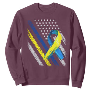 World Down Syndrome Day Sweatshirt Blue Yellow Ribbon American Flag T21 321 TS10 Maroon Print Your Wear