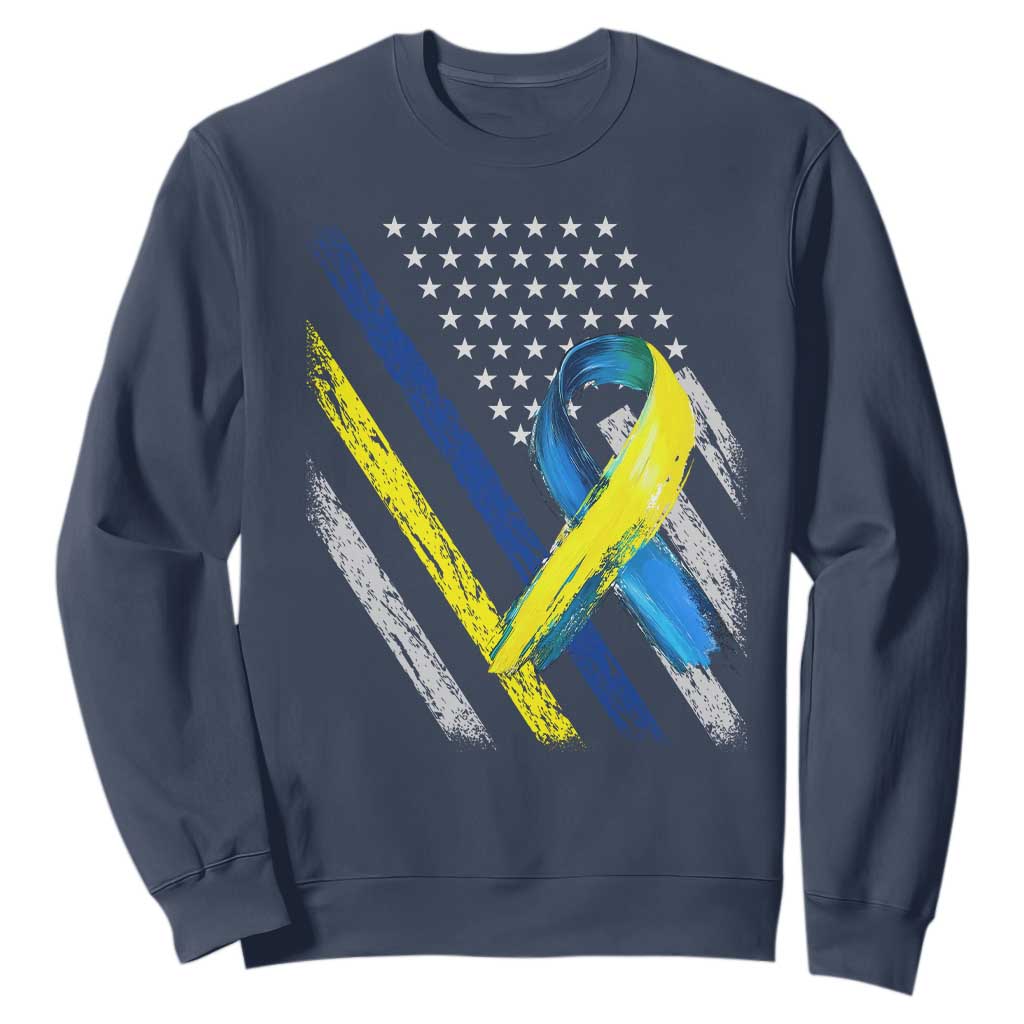 World Down Syndrome Day Sweatshirt Blue Yellow Ribbon American Flag T21 321 TS10 Navy Print Your Wear