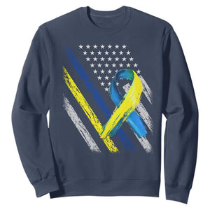 World Down Syndrome Day Sweatshirt Blue Yellow Ribbon American Flag T21 321 TS10 Navy Print Your Wear