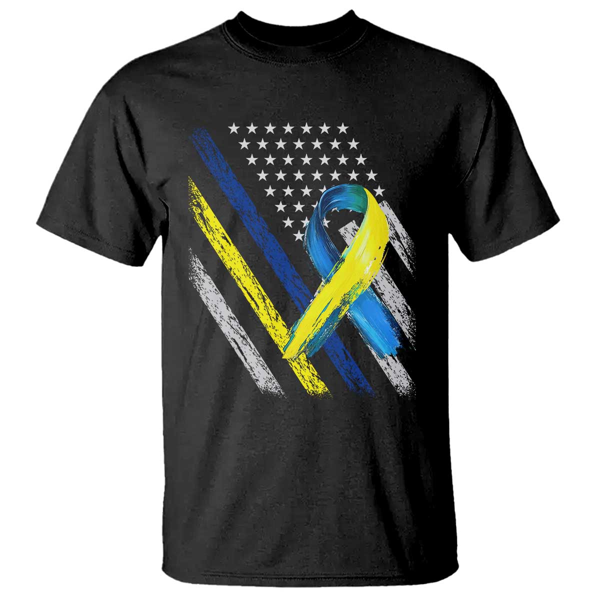 World Down Syndrome Day T Shirt Blue Yellow Ribbon American Flag T21 321 TS10 Black Print Your Wear