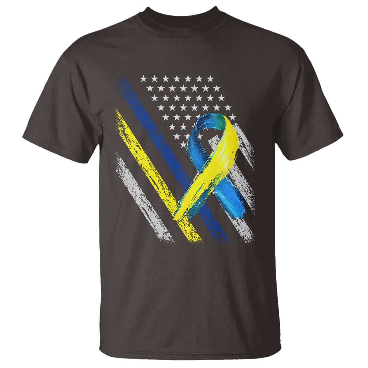 World Down Syndrome Day T Shirt Blue Yellow Ribbon American Flag T21 321 TS10 Dark Chocolate Print Your Wear