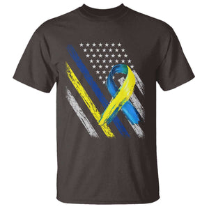 World Down Syndrome Day T Shirt Blue Yellow Ribbon American Flag T21 321 TS10 Dark Chocolate Print Your Wear