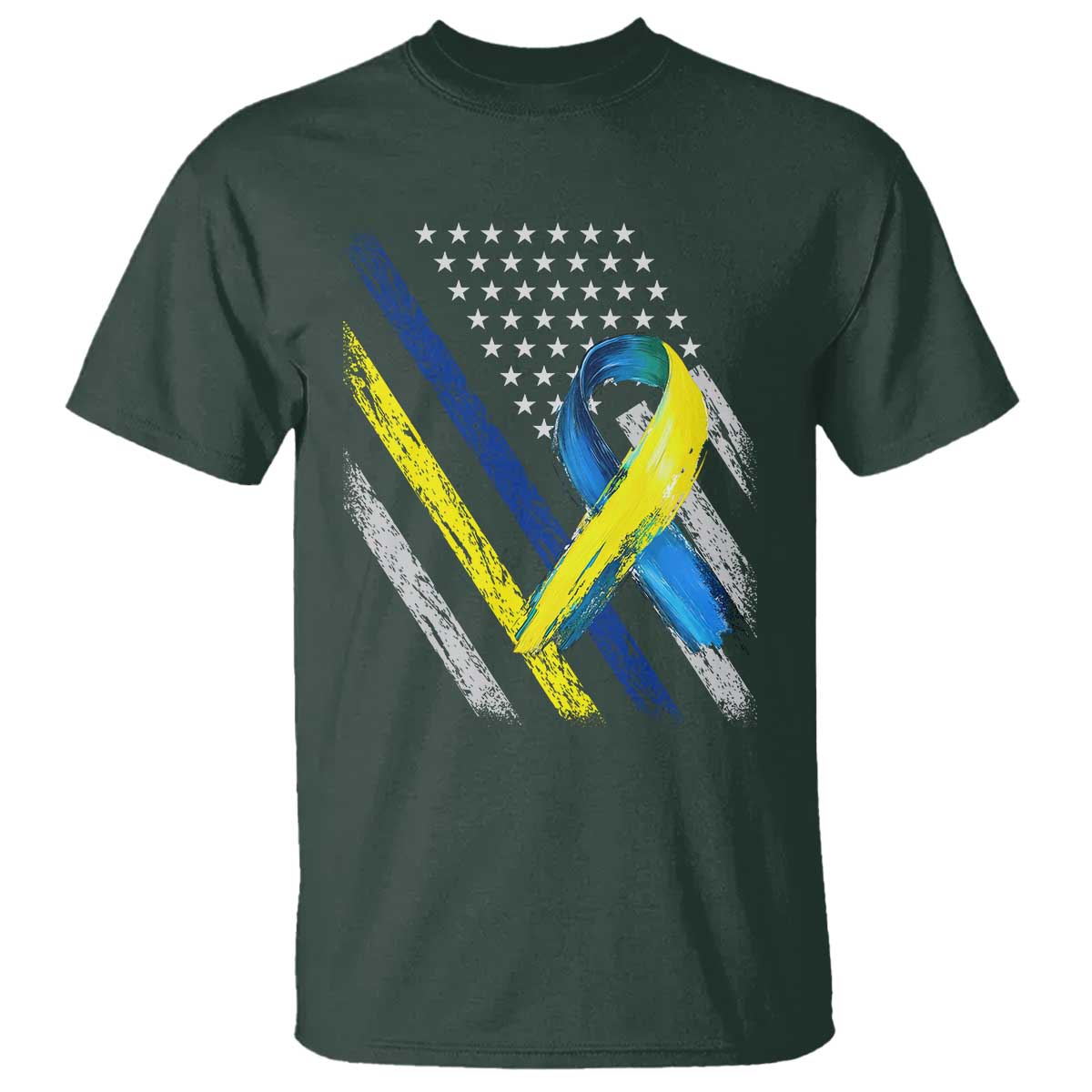 World Down Syndrome Day T Shirt Blue Yellow Ribbon American Flag T21 321 TS10 Dark Forest Green Print Your Wear