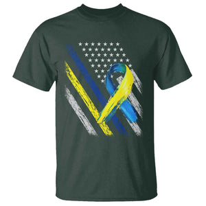 World Down Syndrome Day T Shirt Blue Yellow Ribbon American Flag T21 321 TS10 Dark Forest Green Print Your Wear
