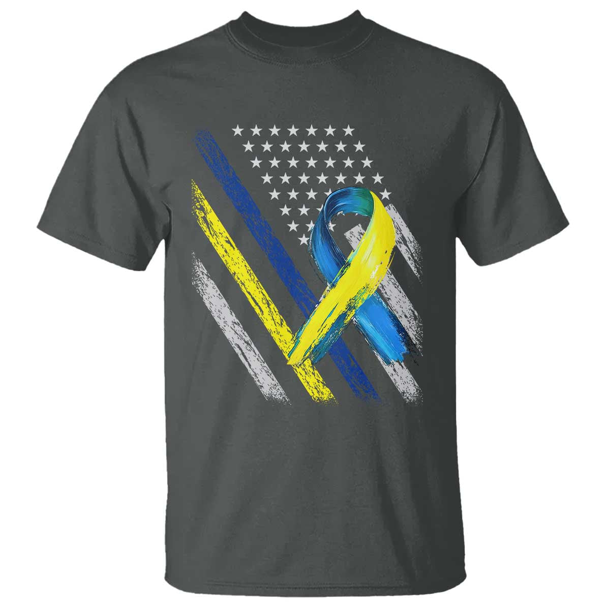 World Down Syndrome Day T Shirt Blue Yellow Ribbon American Flag T21 321 TS10 Dark Heather Print Your Wear