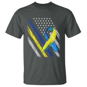 World Down Syndrome Day T Shirt Blue Yellow Ribbon American Flag T21 321 TS10 Dark Heather Print Your Wear