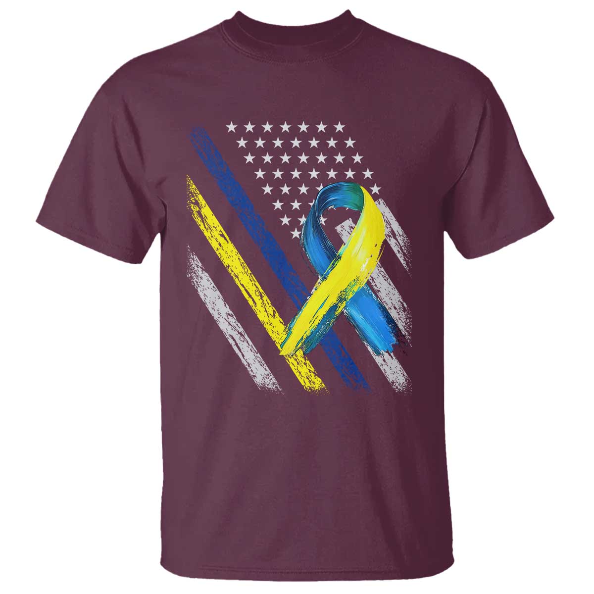 World Down Syndrome Day T Shirt Blue Yellow Ribbon American Flag T21 321 TS10 Maroon Print Your Wear