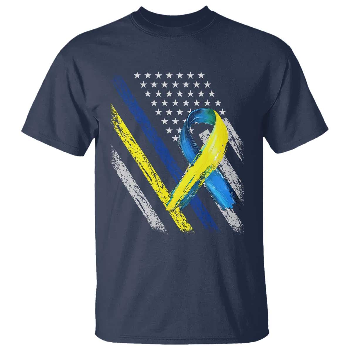World Down Syndrome Day T Shirt Blue Yellow Ribbon American Flag T21 321 TS10 Navy Print Your Wear