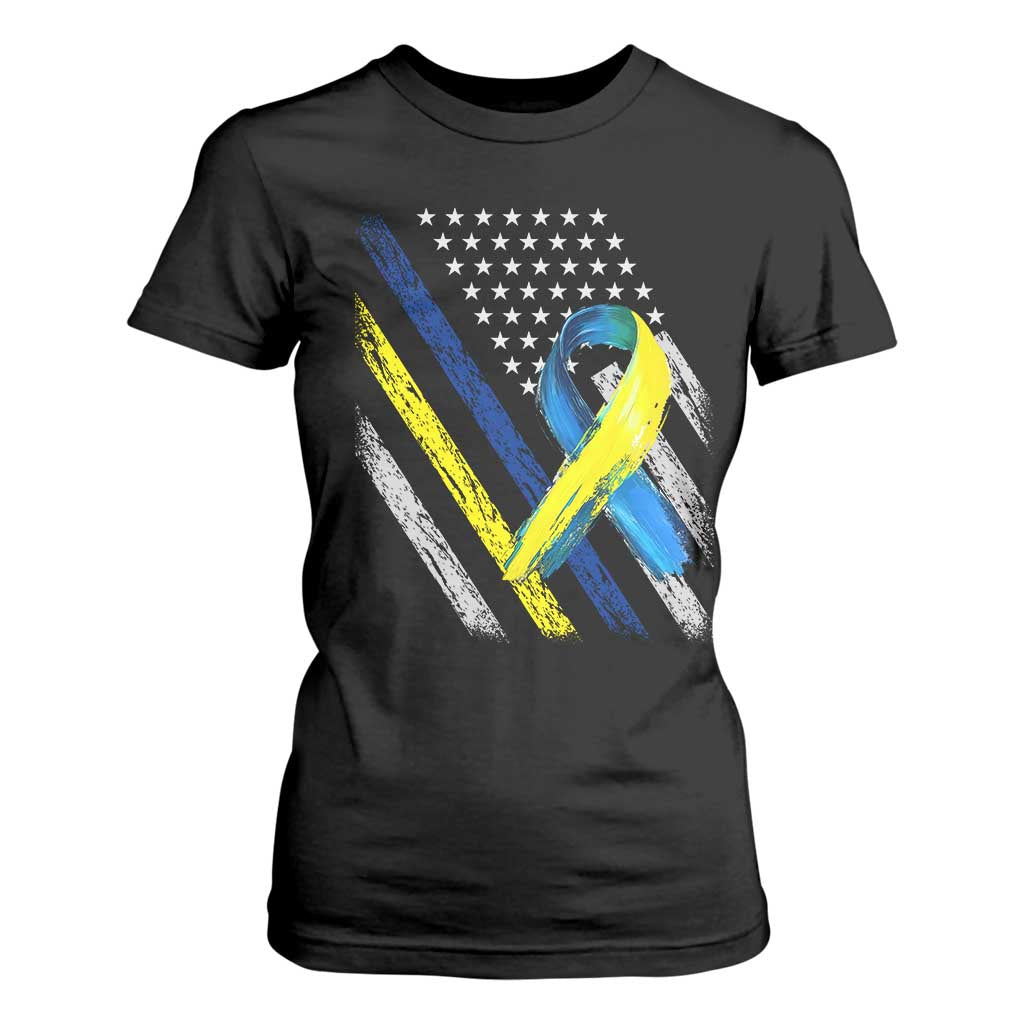 World Down Syndrome Day T Shirt For Women Blue Yellow Ribbon American Flag T21 321 TS10 Black Print Your Wear