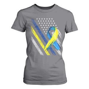 World Down Syndrome Day T Shirt For Women Blue Yellow Ribbon American Flag T21 321 TS10 Charcoal Print Your Wear