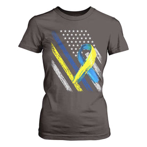 World Down Syndrome Day T Shirt For Women Blue Yellow Ribbon American Flag T21 321 TS10 Dark Chocolate Print Your Wear
