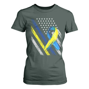 World Down Syndrome Day T Shirt For Women Blue Yellow Ribbon American Flag T21 321 TS10 Dark Forest Green Print Your Wear
