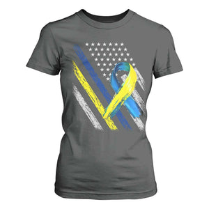 World Down Syndrome Day T Shirt For Women Blue Yellow Ribbon American Flag T21 321 TS10 Dark Heather Print Your Wear
