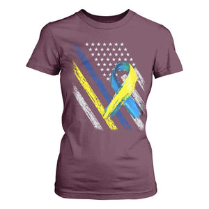 World Down Syndrome Day T Shirt For Women Blue Yellow Ribbon American Flag T21 321 TS10 Maroon Print Your Wear