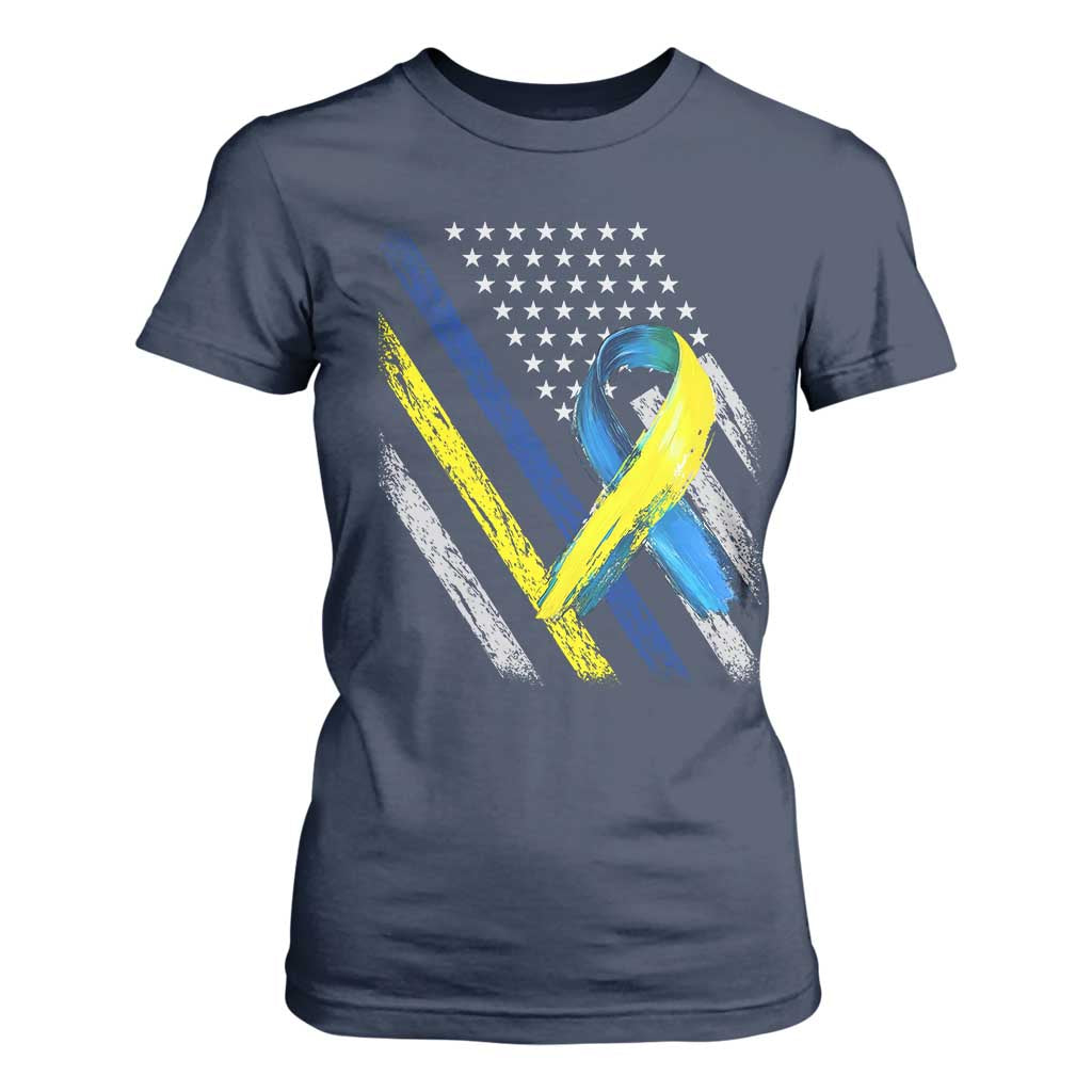 World Down Syndrome Day T Shirt For Women Blue Yellow Ribbon American Flag T21 321 TS10 Navy Print Your Wear