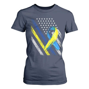World Down Syndrome Day T Shirt For Women Blue Yellow Ribbon American Flag T21 321 TS10 Navy Print Your Wear