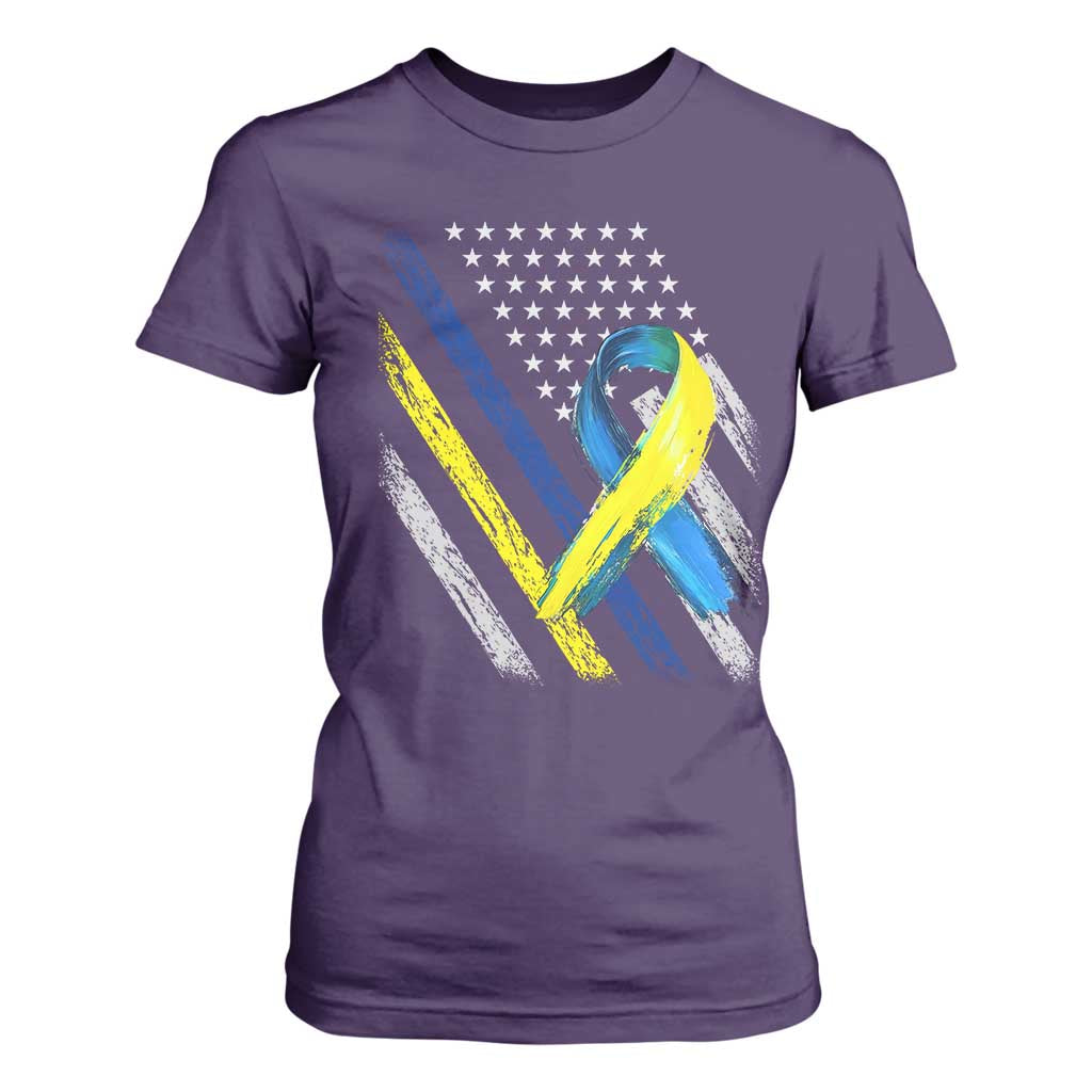World Down Syndrome Day T Shirt For Women Blue Yellow Ribbon American Flag T21 321 TS10 Purple Print Your Wear