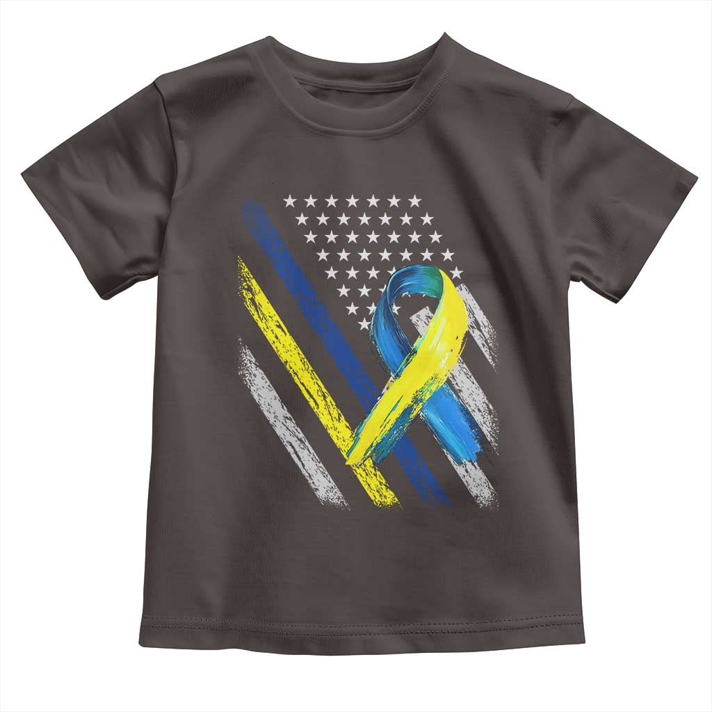 World Down Syndrome Day Toddler T Shirt Blue Yellow Ribbon American Flag T21 321 TS10 Dark Chocolate Print Your Wear