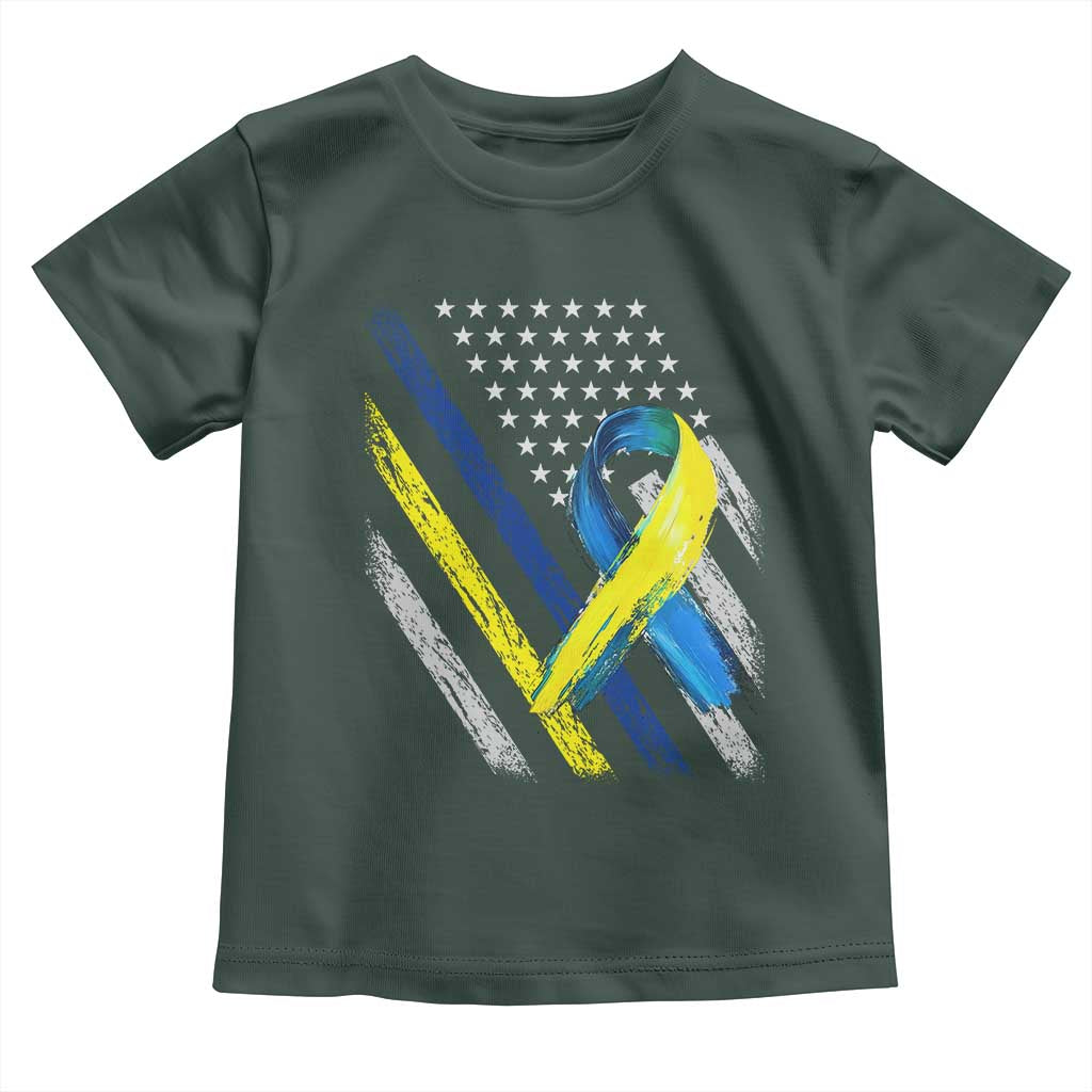 World Down Syndrome Day Toddler T Shirt Blue Yellow Ribbon American Flag T21 321 TS10 Dark Forest Green Print Your Wear