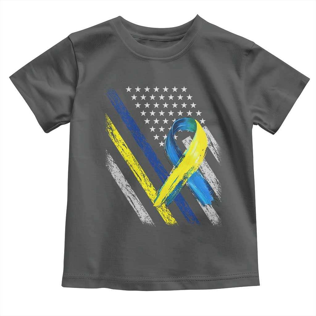World Down Syndrome Day Toddler T Shirt Blue Yellow Ribbon American Flag T21 321 TS10 Dark Heather Print Your Wear