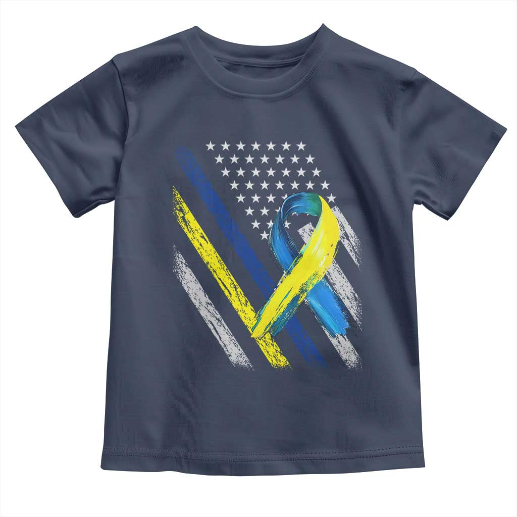 World Down Syndrome Day Toddler T Shirt Blue Yellow Ribbon American Flag T21 321 TS10 Navy Print Your Wear