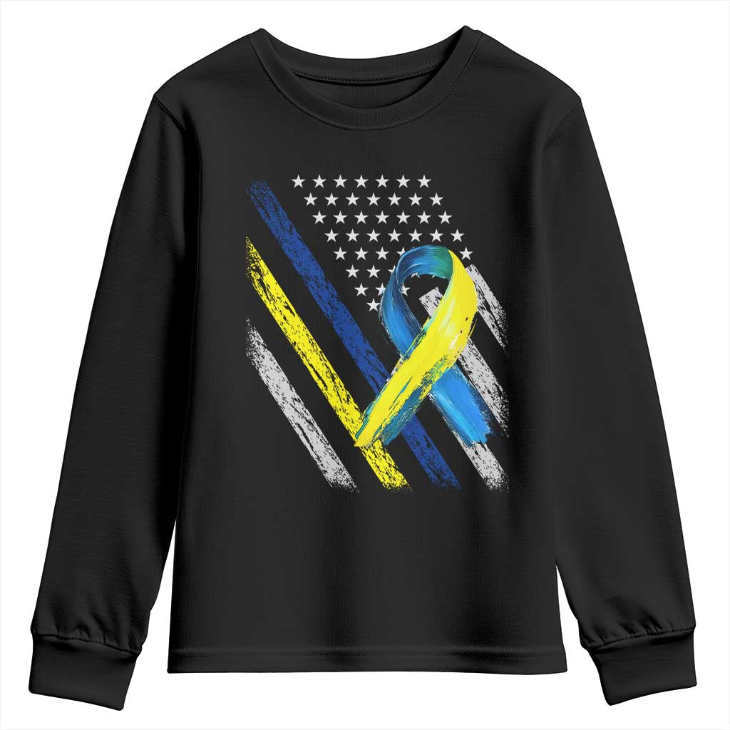 World Down Syndrome Day Youth Sweatshirt Blue Yellow Ribbon American Flag T21 321 TS10 Black Print Your Wear