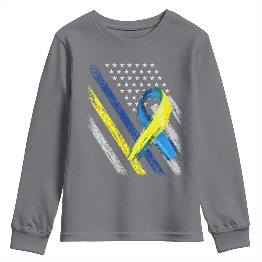 World Down Syndrome Day Youth Sweatshirt Blue Yellow Ribbon American Flag T21 321 TS10 Charcoal Print Your Wear