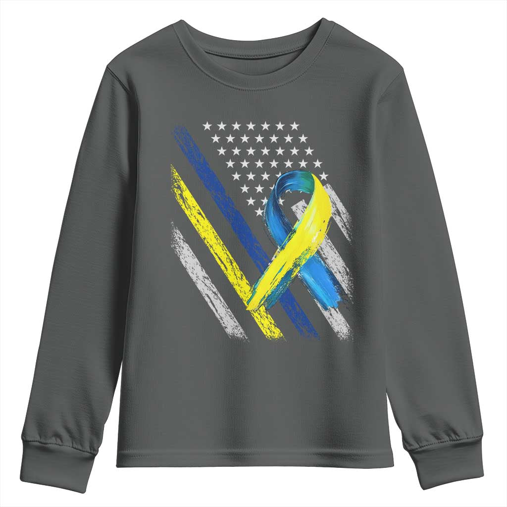 World Down Syndrome Day Youth Sweatshirt Blue Yellow Ribbon American Flag T21 321 TS10 Dark Heather Print Your Wear