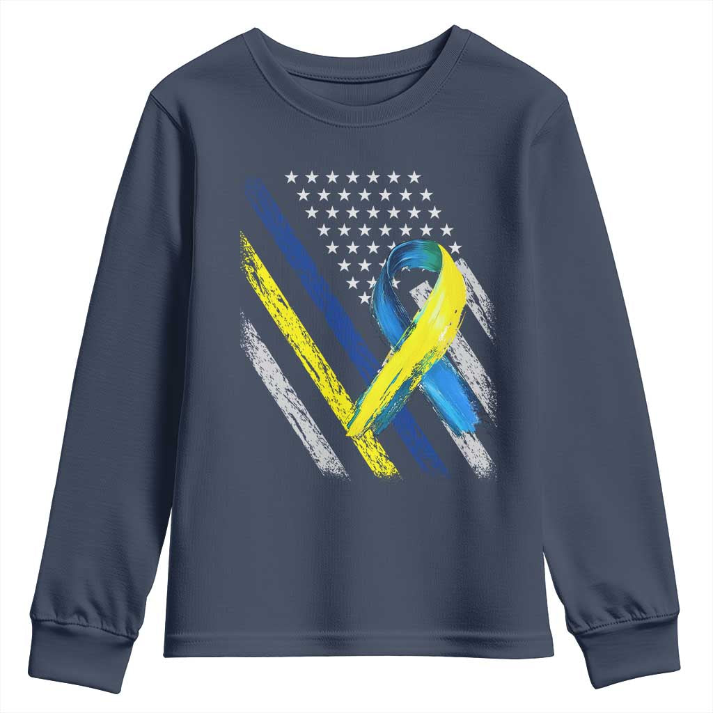 World Down Syndrome Day Youth Sweatshirt Blue Yellow Ribbon American Flag T21 321 TS10 Navy Print Your Wear