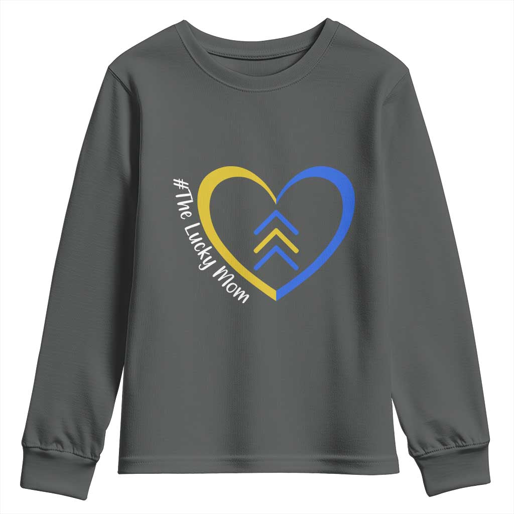 Down Syndrome Mom Youth Sweatshirt Love Heart Three Arrows Lucky Mama T21 321 TS10 Dark Heather Print Your Wear