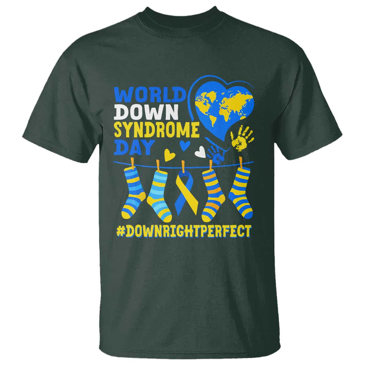 World Down Syndrome Day T Shirt Blue Yellow Ribbon Down Right Perfect Awareness Support TS10 Dark Forest Green Print Your Wear