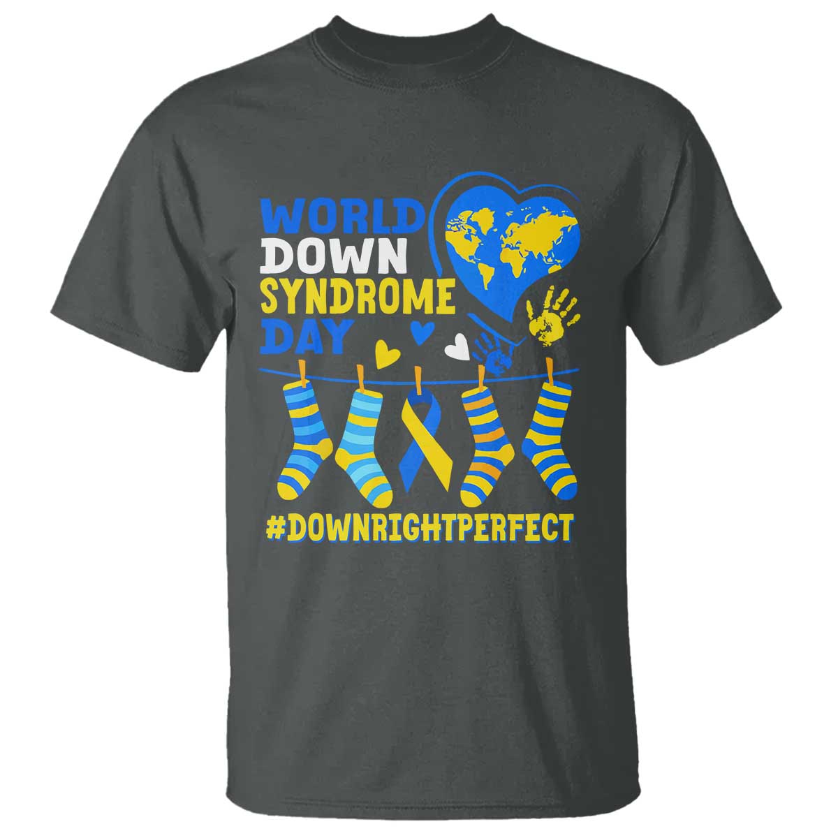 World Down Syndrome Day T Shirt Blue Yellow Ribbon Down Right Perfect Awareness Support TS10 Dark Heather Print Your Wear