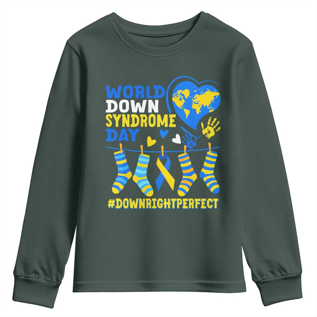 World Down Syndrome Day Youth Sweatshirt Blue Yellow Ribbon Down Right Perfect Awareness Support TS10 Dark Forest Green Print Your Wear