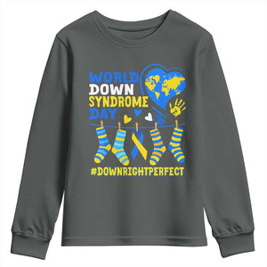 World Down Syndrome Day Youth Sweatshirt Blue Yellow Ribbon Down Right Perfect Awareness Support TS10 Dark Heather Print Your Wear