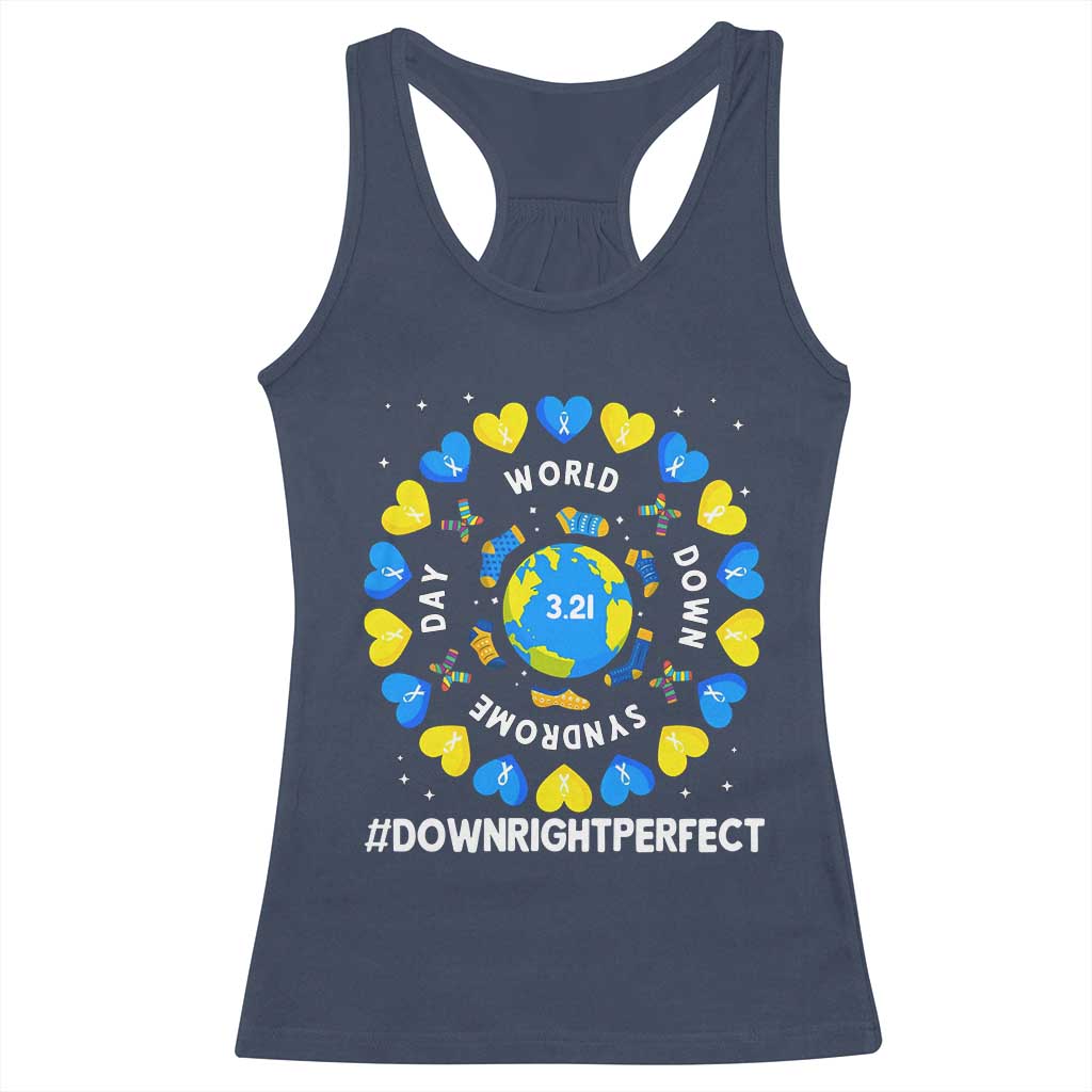 World Down Syndrome Day Racerback Tank Top 321 Awareness Support Blue Yellow Ribbon Down Right Perfect TS10 Navy Print Your Wear