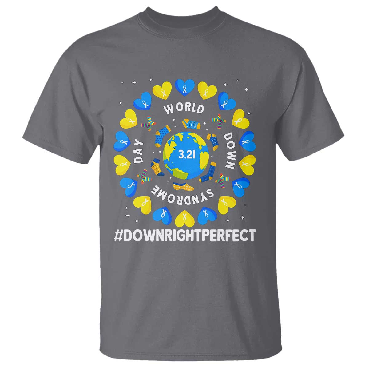 World Down Syndrome Day T Shirt 321 Awareness Support Blue Yellow Ribbon Down Right Perfect TS10 Charcoal Print Your Wear
