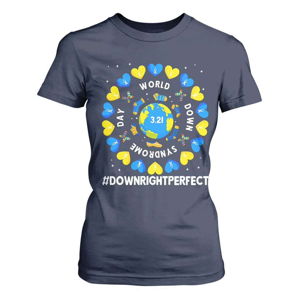 World Down Syndrome Day T Shirt For Women 321 Awareness Support Blue Yellow Ribbon Down Right Perfect TS10 Navy Print Your Wear
