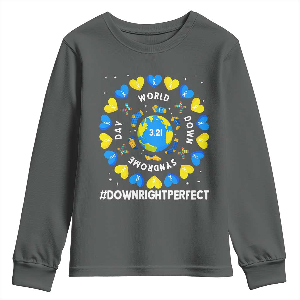 World Down Syndrome Day Youth Sweatshirt 321 Awareness Support Blue Yellow Ribbon Down Right Perfect TS10 Dark Heather Print Your Wear