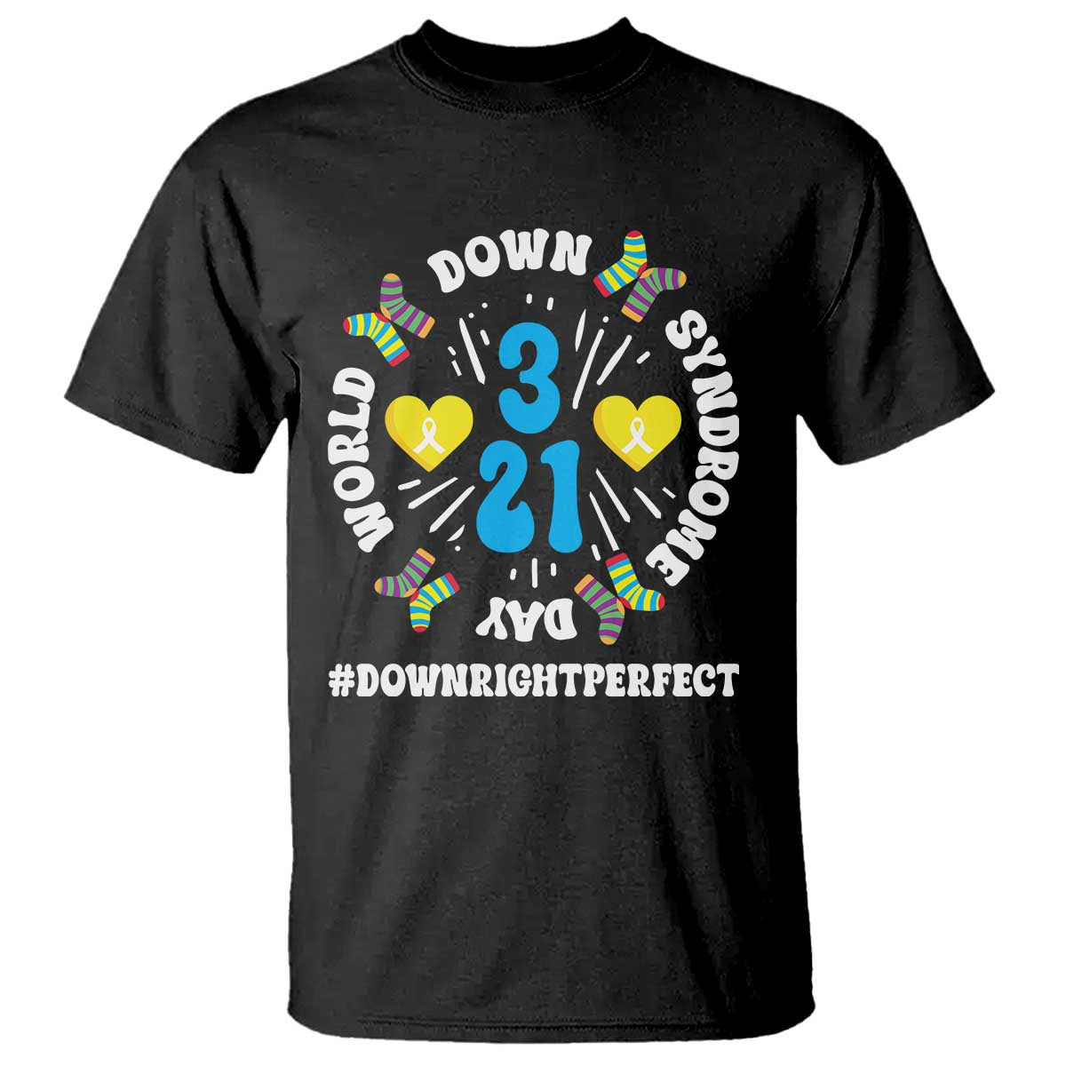 World Down Syndrome Day T Shirt 321 Awareness Support Blue Yellow Ribbon TS10 Black Print Your Wear