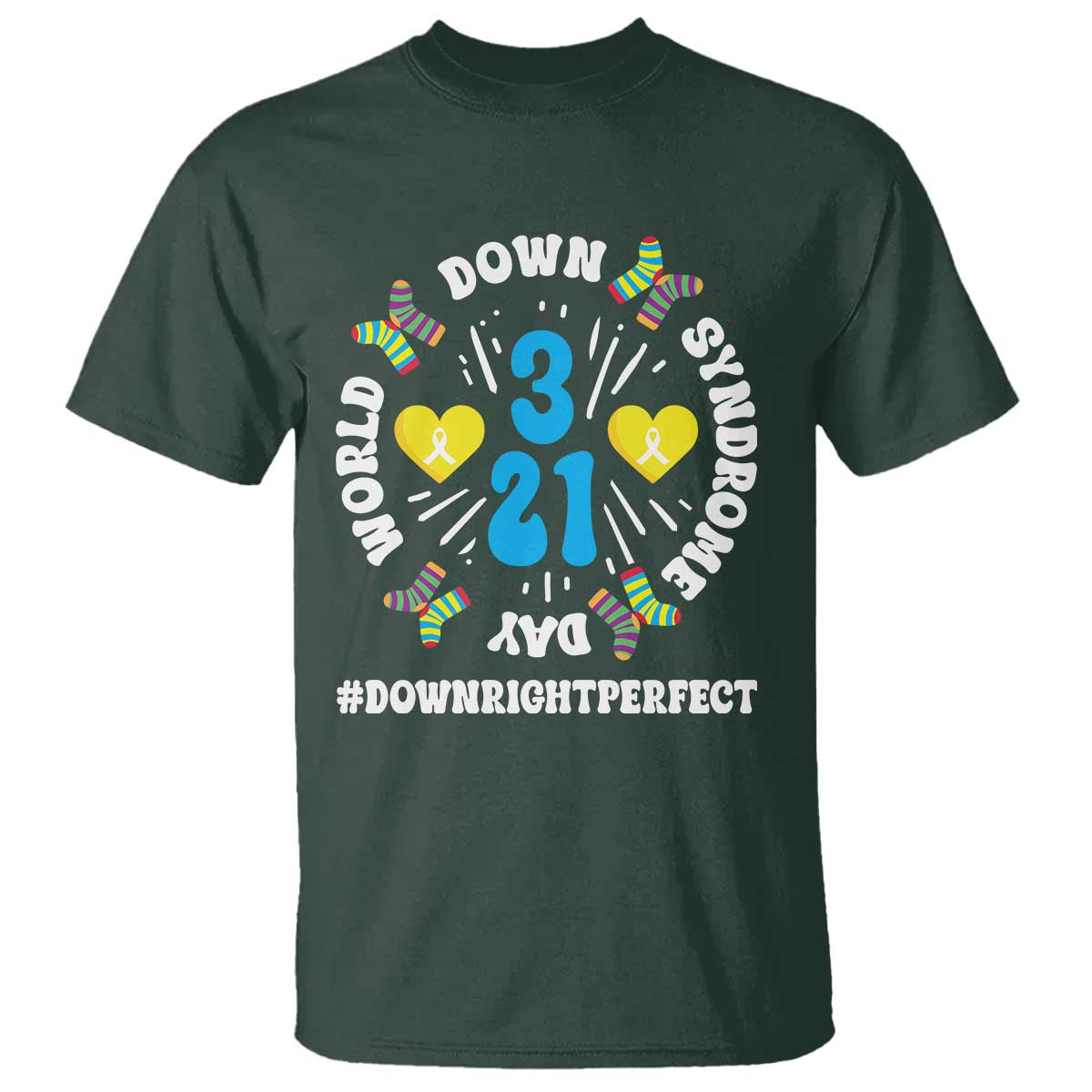 World Down Syndrome Day T Shirt 321 Awareness Support Blue Yellow Ribbon TS10 Dark Forest Green Print Your Wear