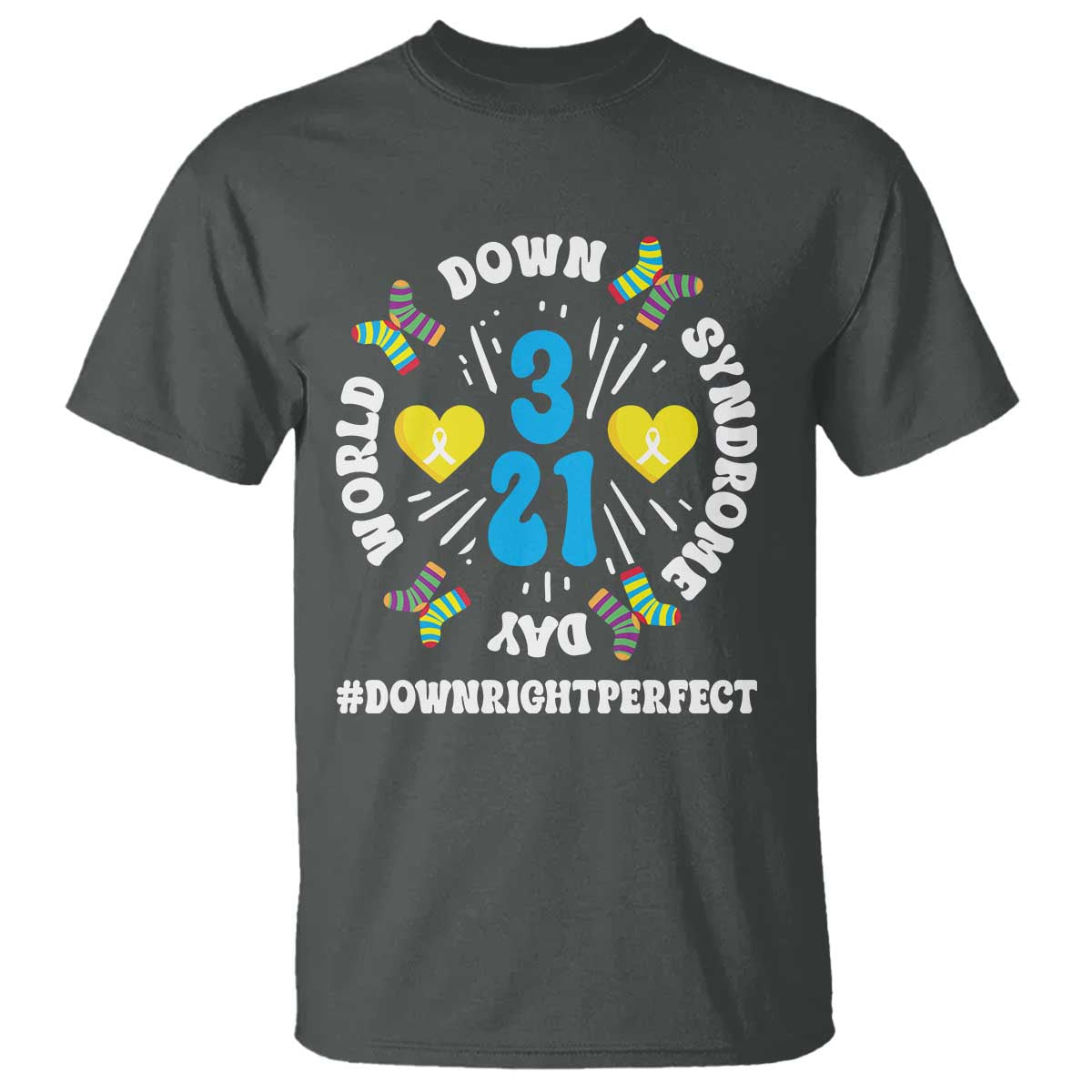 World Down Syndrome Day T Shirt 321 Awareness Support Blue Yellow Ribbon TS10 Dark Heather Print Your Wear