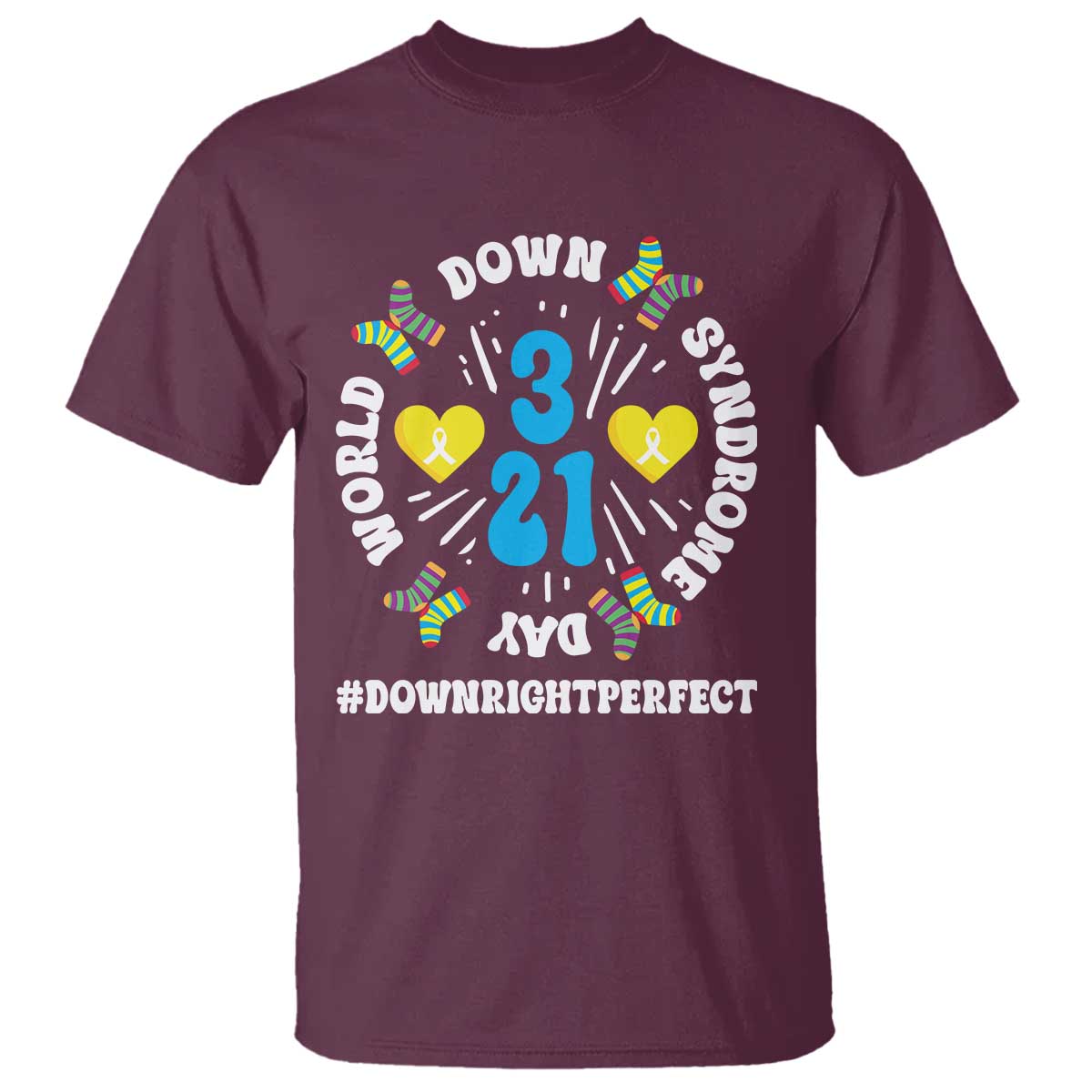 World Down Syndrome Day T Shirt 321 Awareness Support Blue Yellow Ribbon TS10 Maroon Print Your Wear