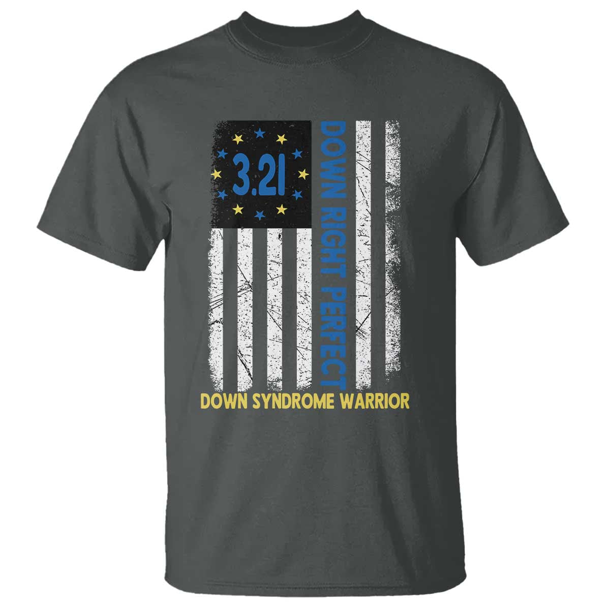 World Down Syndrome Day T Shirt Blue Yellow Ribbon American Flag 321 TS10 Dark Heather Print Your Wear